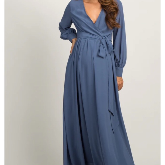 Pinkblush Dresses & Skirts - PinkBlush Blue Chiffon Long Sleeve Pleated Maternity Maxi Dress Large NWT